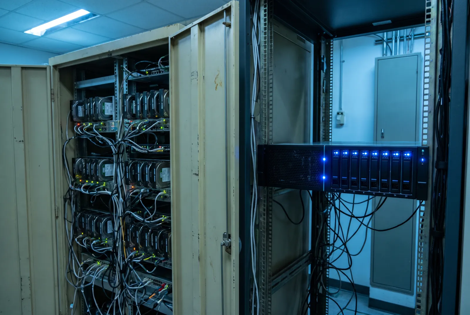 Старая дисковая СХД рядом с компактной all-flash